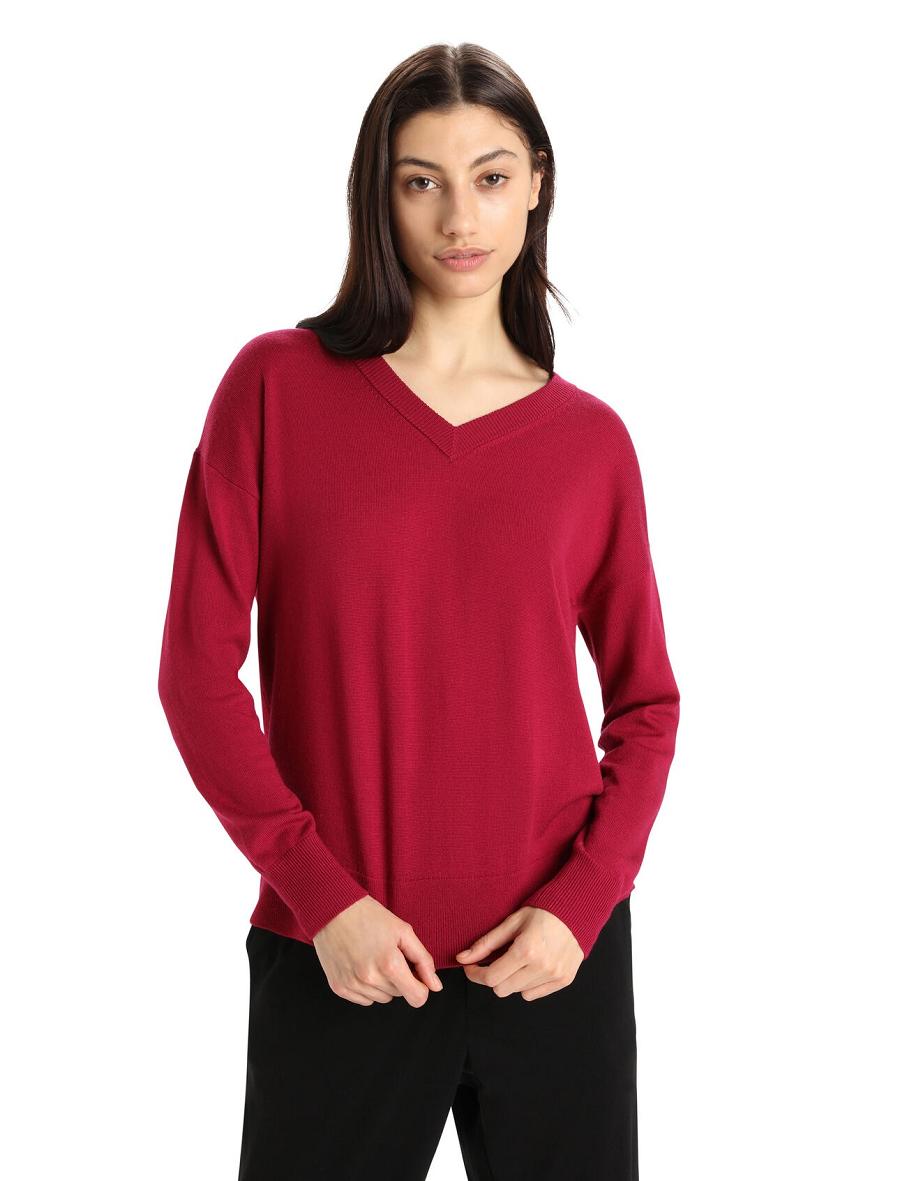 Cherry Women\'s Icebreaker Merino Shearer V Neck Sweaters | USA 1628MQZA